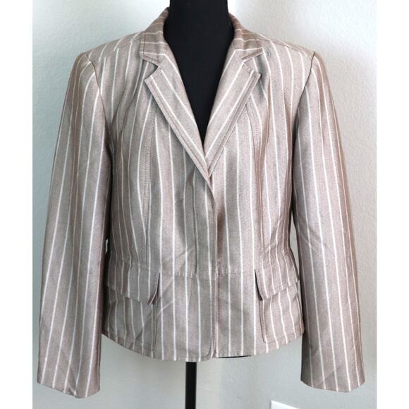 Vintage Y2K Taupe PIN STRIPED Pant Suit SET Women 14 Wide Leg Boot COTTON Work - Picture 2 of 8